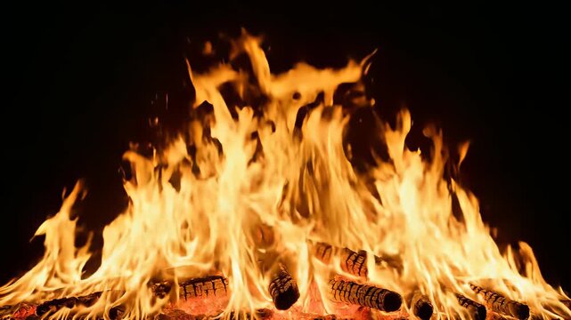 Highly detailed flames dance in a cozy fireplace setting against a dark, matte black background capturing the warm and comforting atmosphere perfect for use cases that require concepts of.