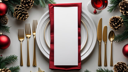 Fototapeta premium Christmas Dinner Table Setting with Blank Menu Card
