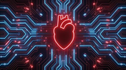Modern heart health technology concept with glowing circuit board lines and a neon heart pulsing with futuristic energy for science and innovation - Powered by Adobe