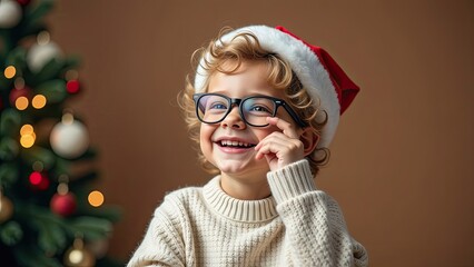 Happy little boy in santa's hat and knitted sweater holding eyeglasses, on a brown background. Christmas ophtalmologist background. christmas opthalmologyical concept. christmas medical concept