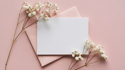 Blank white card with envelope and gypsophila flowers on pink background