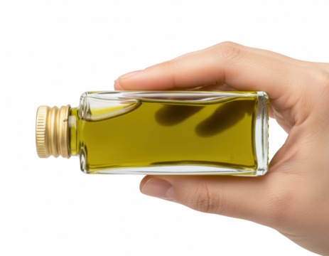 Hand holding a miniature glass bottle filled with golden olive oil