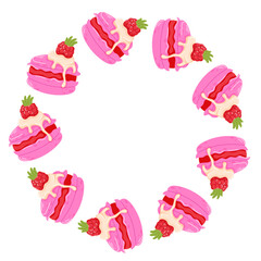 Wreath with pink macaroon with spreadable cream and raspberry on top in flat style. Valentine Day design for bakery card, cafe menu isolated on a white background.