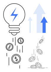 Business growth, financial success, innovation, investment strategies, economic progress, profitability. Lightbulb dispensing coins and upward arrows. Innovation and financial success visualization