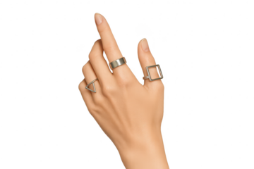 Elegant female hand adorned with geometric silver rings, isolated design element