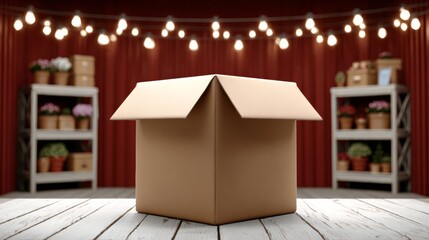 A cardboard box is sitting on a wooden table in front of a red curtain. The box is open and empty, and the room is decorated with potted plants. The scene gives off a sense of anticipation