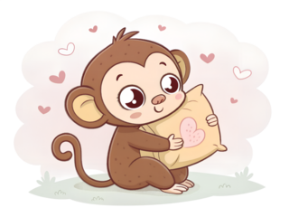 Cute Monkey Hugging Heart Pillow Illustration