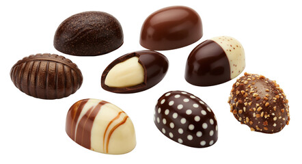 Assortment of Gourmet Chocolate Bonbons and Pralines with Varied Fillings and Coatings on a Dark Field