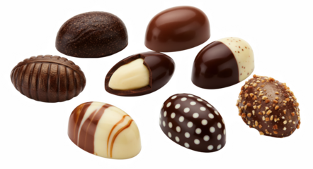 Assortment of Gourmet Chocolate Bonbons and Pralines with Varied Fillings and Coatings on a Dark Field