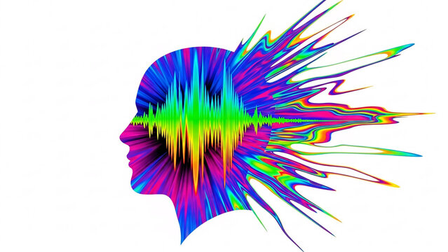 Abstract colorful sound wave exploding from human head silhouette