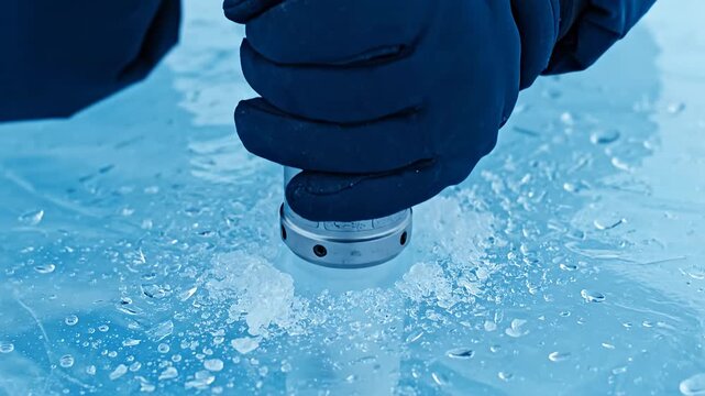 Drilling an ice core sample on a frozen lake for scientific environmental research