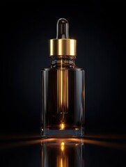 Naklejka premium luxurious dark glass serum bottle with golden cap and reflections on dark background