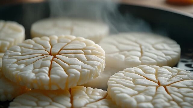 A close-up macro shot of freshly steamed sea scallops with intricate scoring patterns.