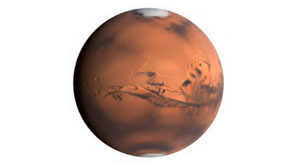 Detailed view of the red planet mars in deep space with polar caps