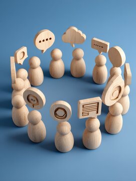 team communication and idea sharing concept  wooden figurines in circle with speech bubbles and icons on blue background collaborative network group discussion creative exchange workplace dialogu