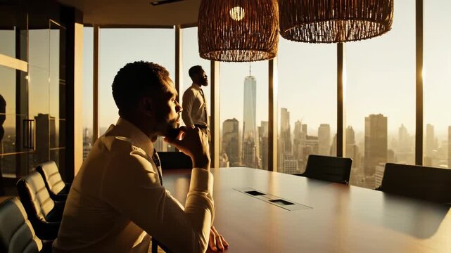 Two thoughtful businessman in suit looking out of highrise office window at golden hour city skyline view