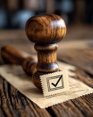 Wooden stamp with check mark on paper rests on a rustic wooden surface