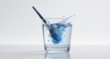 A paintbrush, dipped in vibrant blue paint, creates a splash in a water-filled glass