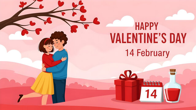 Romantic Valentine's Day illustration of loving couple hugging with gifts and love potion for seasonal greeting card and social media promo