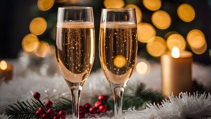 festive champagne glasses with warm holiday lights with Christmas decoration