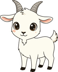 Cute cartoon baby goat with curved horns, fluffy tail, expressive eyes, adorable blush, farm animal, flat vector illustration