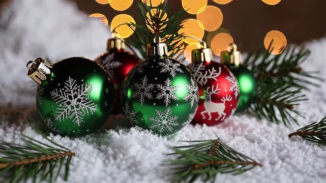 Colorful Christmas balls with holly patterns surrounded by fresh winter snow