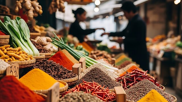 Vibrant Asian Traditional Market Close-up of Spices and Vegetables