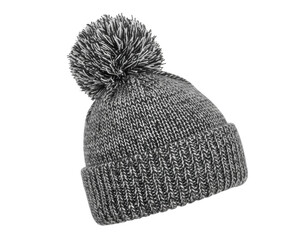 Gray Marled Knit Beanie Hat with Pom-Pom