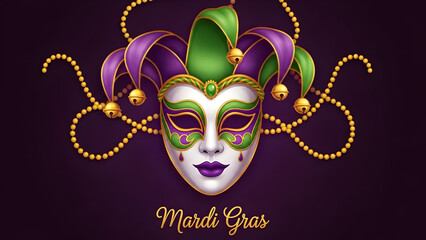 Celebrate Mardi Gras with this festive mask and beads, perfect for party invitations, social media posts, or adding a touch of New Orleans flair