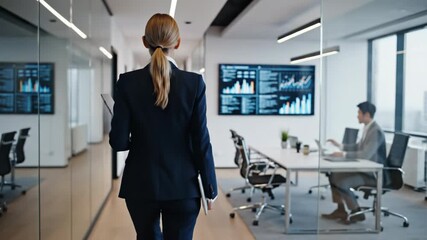 Rear view of confident businesswoman in dark suit walking down modern office hallway past glass conference room with data screens