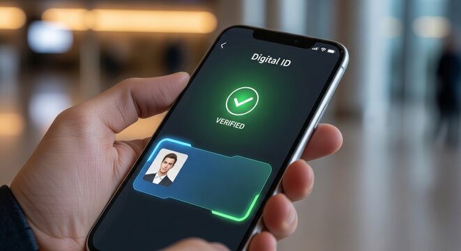 Hand Holding Phone Displaying Verified Digital ID Card. hand holding a smartphone. The screen displays a futuristic "Digital ID" card. Represents digital identity, e-KYC, security, passport