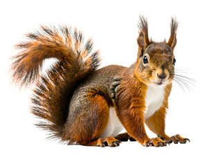 Obraz premium A cute red squirrel with bushy tail, white belly, on black background