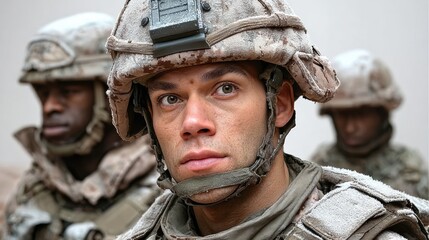 Obraz premium A man in a military uniform is standing with his head down. He is wearing a helmet and a jacket