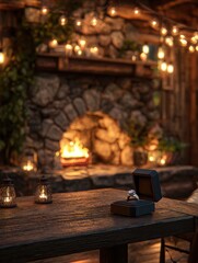 a peaceful proposal set in a cozy cabin in the woods with a fireplace glowing in the background a ring box open on the table and a romantic ambiance created by warm lighting