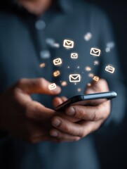 person using smartphone to send digital messages and voice notes with glowing communication icons