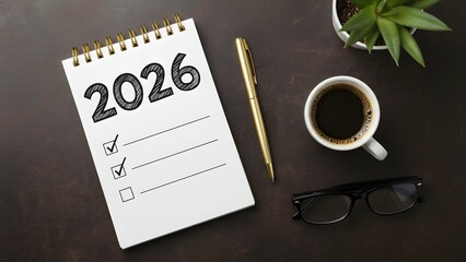 New Year Resolutions 2026 Checklist: To Do List on Notepad with Check Marks, Coffee, and Business Desk Items