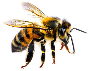Close-up of a fuzzy yellow and black striped insect with clear wings