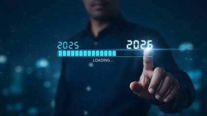 New Year 2026 Loading Progress Bar: Businessman Hand Touching Digital Screen Transitioning from 2025