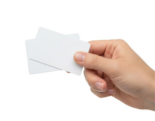 Hand holding two overlapping blank white cards for identity or business presentation
