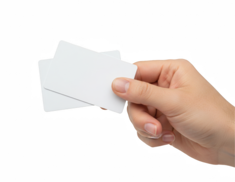 Hand holding two overlapping blank white cards for identity or business presentation