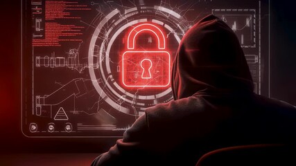 Hooded hacker watching red padlock symbol on digital screen for ransomware cyber attack and system encryption breach warning in network security violation and data access denial - Powered by Adobe