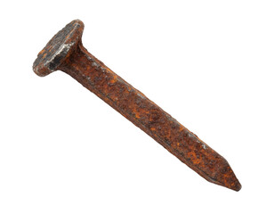 Heavily corroded square cut nail displaying deep orange rust isolated on a dark field