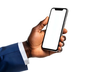 Dark-skinned hand in blue suit holding smartphone with blank screen