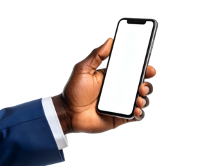 Dark-skinned hand in blue suit holding smartphone with blank screen