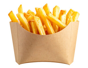 Crispy golden French fries in a plain brown paper container