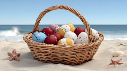 A basket full of Easter eggs is sitting on the beach. The basket is woven and filled with eggs of different colors. The beach is calm and peaceful, with the waves gently lapping at the shore
