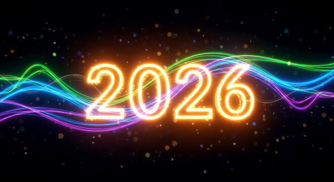 2026 new year celebration with glowing neon text design - Powered by Adobe
