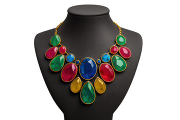 Luxury gemstone necklace on display with transparent background, colorful design
