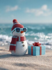 christmas snowman wearing sunglasses and a red scarf stands on sandy beach next to a blue gift box with ocean waves and clear sky creating a festive holiday atmosphere