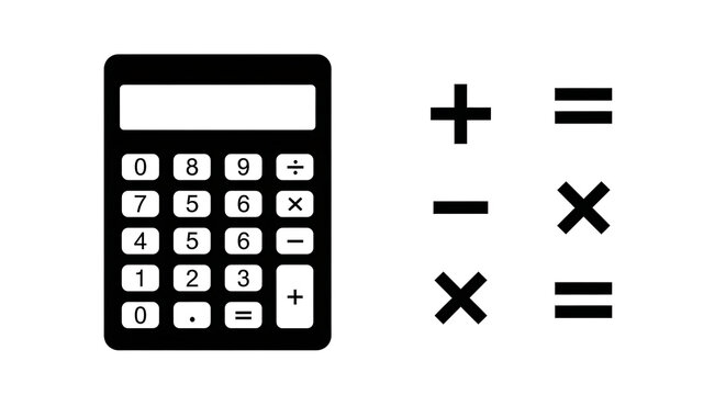 Black and white calculator icon with mathematical symbols around it